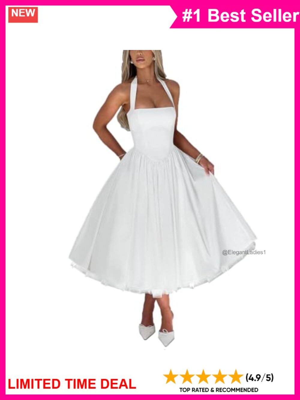 Women Halter Neck Low Cut Tulle A Line Swing Tea Length Prom Dress